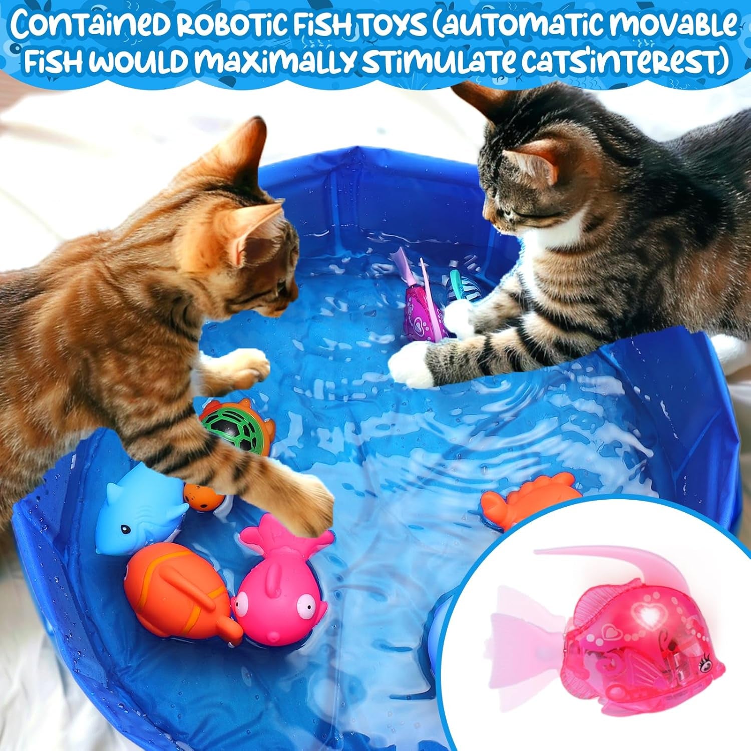 Cat Pool with Fish, Toys for Bored Indoor Cats, Funny Cat Interactive Toy with Stimulate Robotic Fish Toys for Cat Water Play, Cat Swimming Pool for Self Play Enrichment