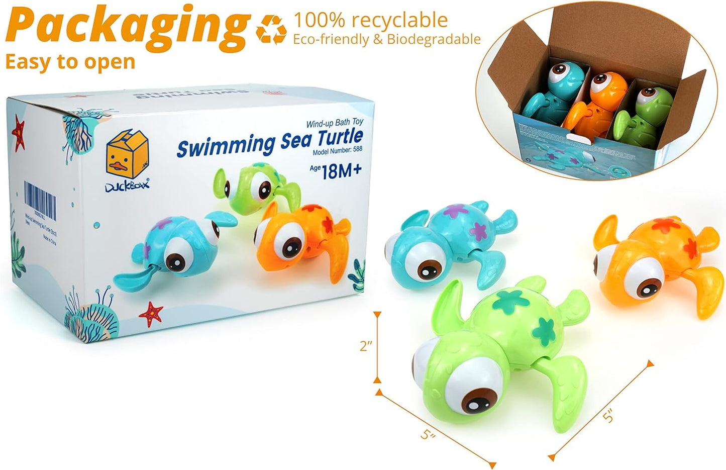 Wind-Up Swimming Sea Turtles Bath Toy Set – 3 Pcs, No Batteries Needed, Mold-Free & Anti-Rust Interactive Montessori Fun for Kids 18M+