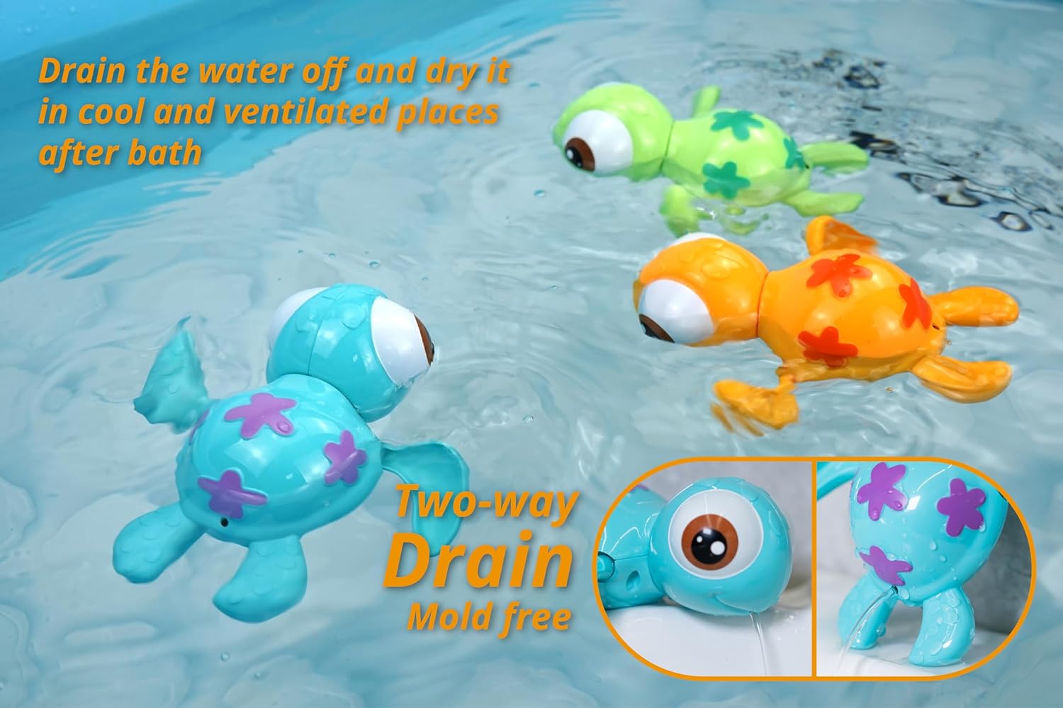 Wind-Up Swimming Sea Turtles Bath Toy Set – 3 Pcs, No Batteries Needed, Mold-Free & Anti-Rust Interactive Montessori Fun for Kids 18M+