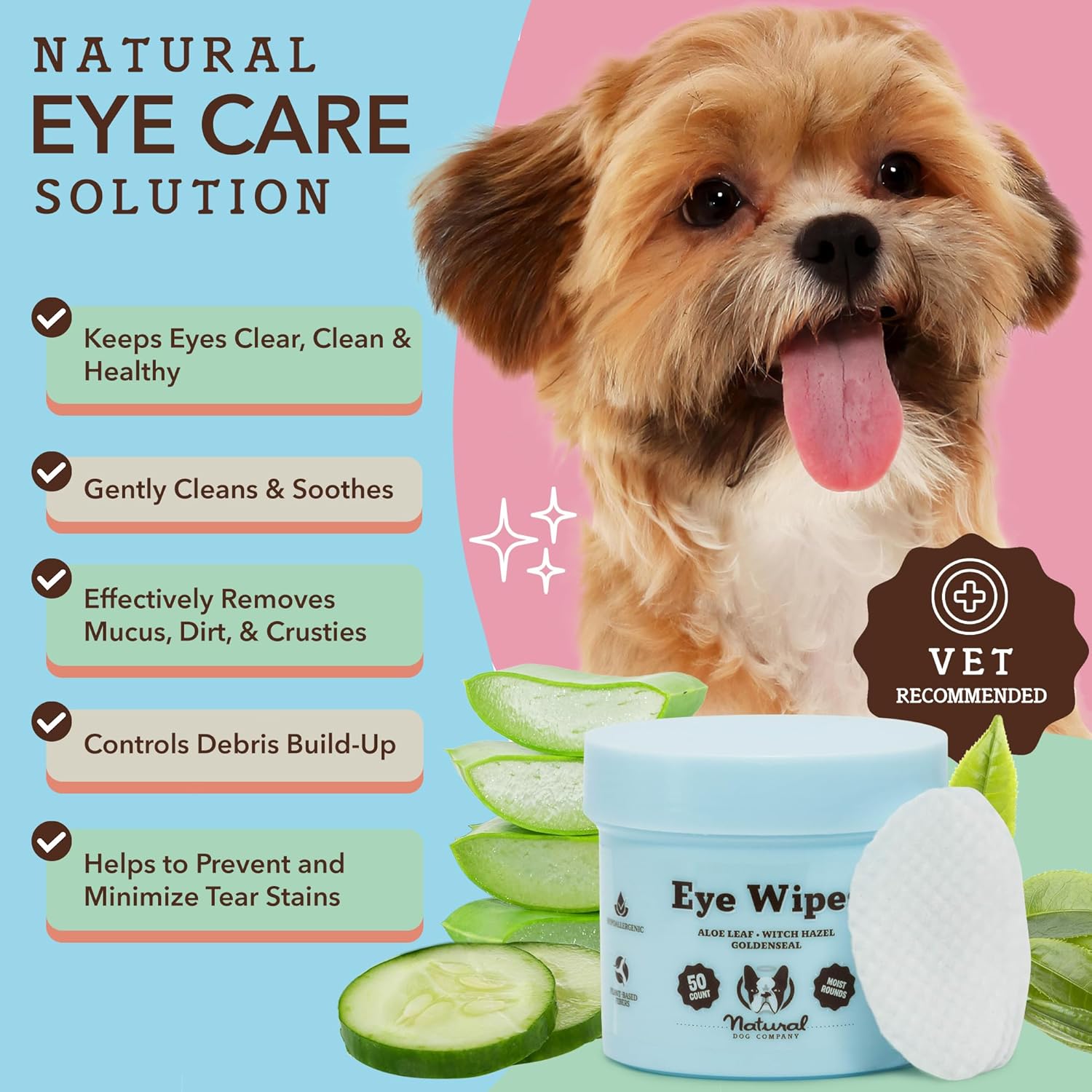 Natural Dog Eye Wipes – 50 Count Soothing Tear Stain Remover with Green Tea & Goldenseal