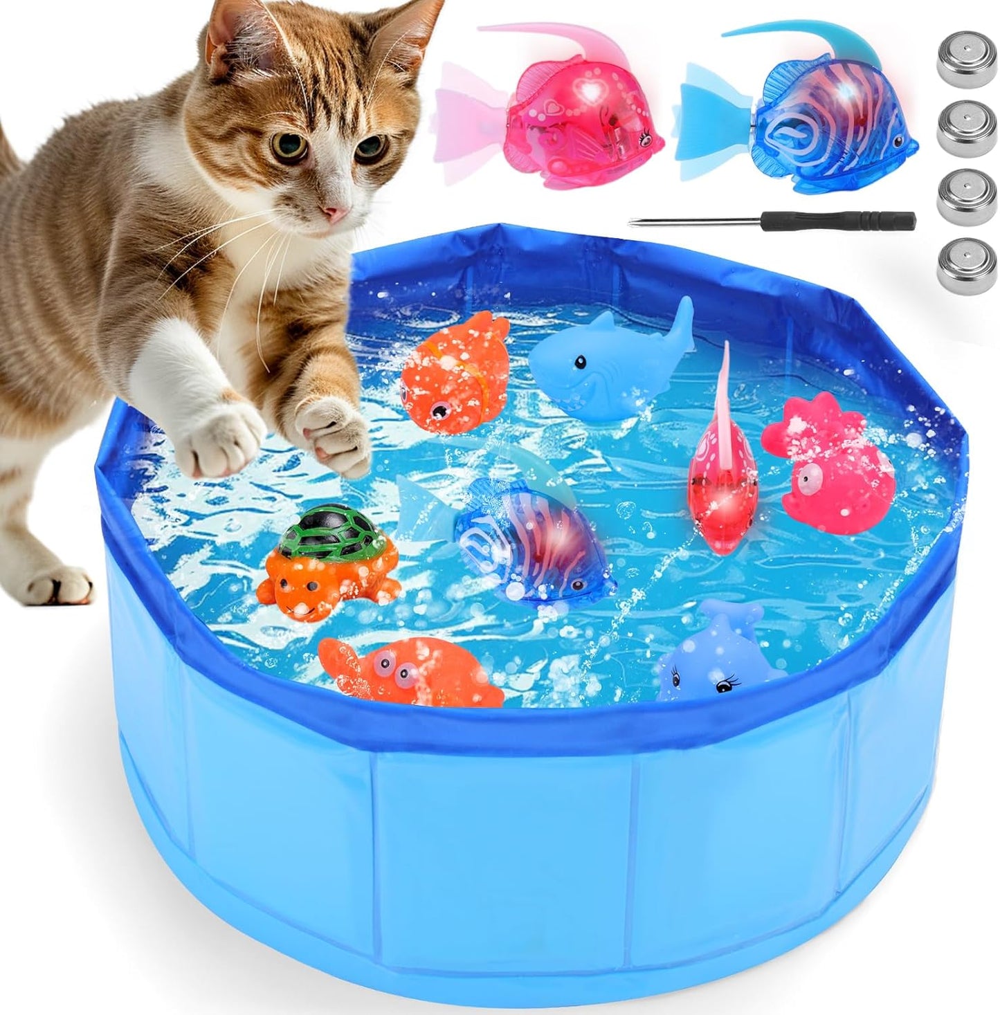 Cat Pool with Fish, Toys for Bored Indoor Cats, Funny Cat Interactive Toy with Stimulate Robotic Fish Toys for Cat Water Play, Cat Swimming Pool for Self Play Enrichment