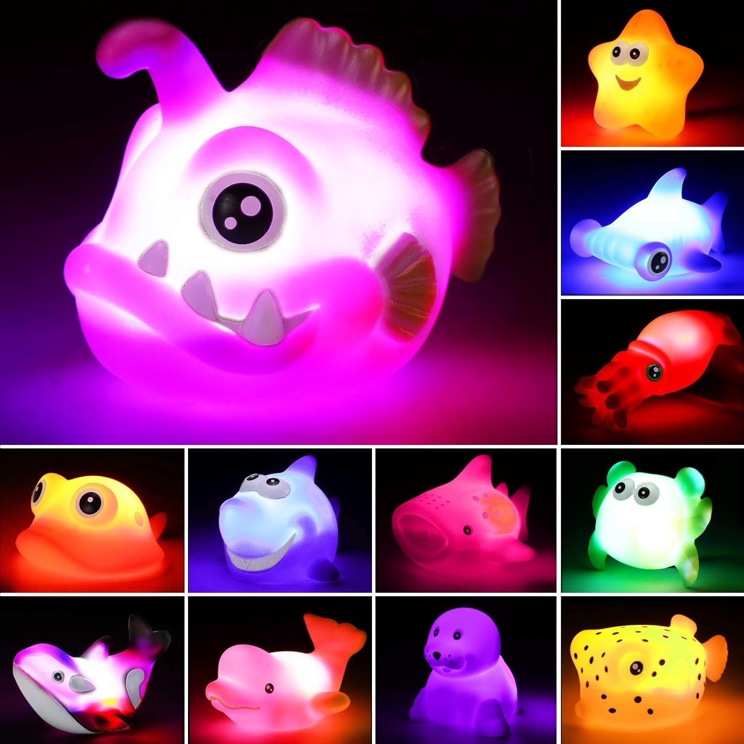 12 Pcs Light-Up Ocean Animal Bath Toys Set – Colorful LED Floating Toys for Babies and Toddlers – Perfect for Water Play and Pool Parties