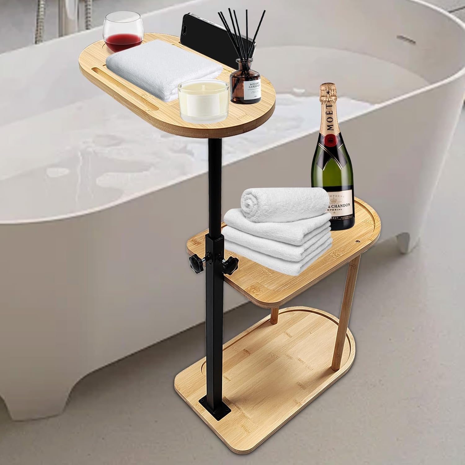 3 Layer Bamboo Bath Tub Tray Caddy – Freestanding Organizer for Luxury Spa Experience!